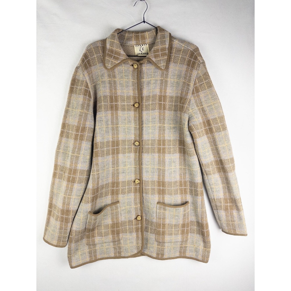 VTG Ice 100% Wool Coat Womens L Plaid Button Up Outdoor Knit Icelandic